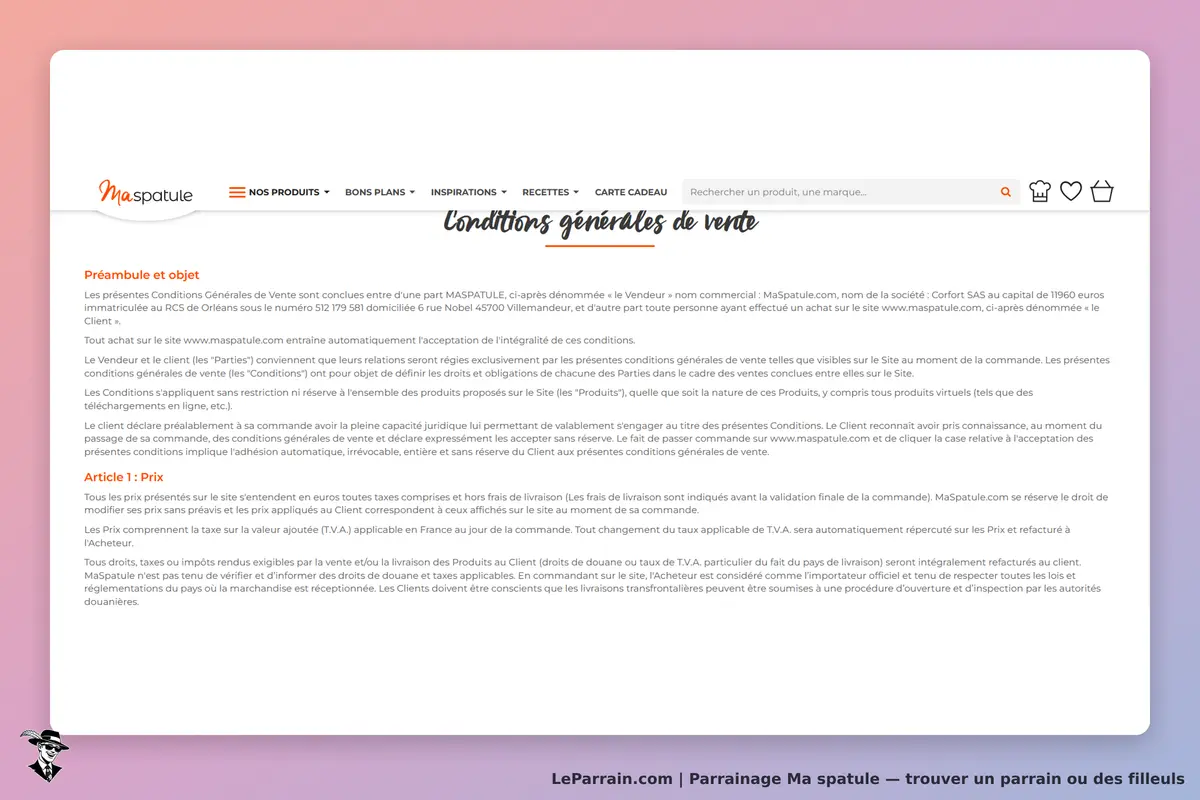 Ma spatule : conditions générales de vente affichées sur la page d'accueil du site