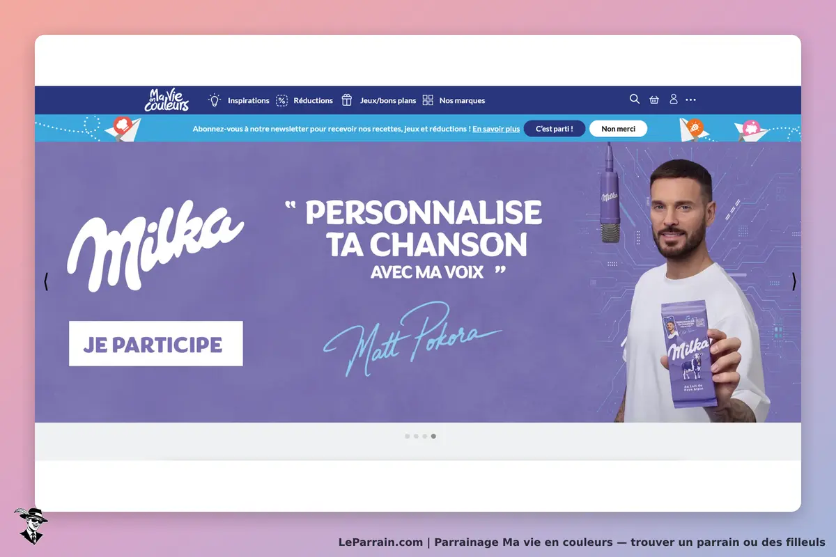 Ma vie en couleurs : page d'accueil avec promotion Milka et Matt Pokora, bouton "Je participe"