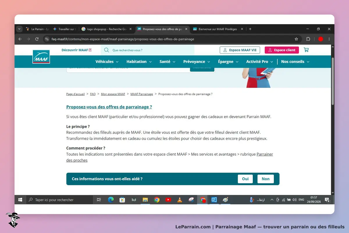 MAAF : page proposant des offres de parrainage avec explications et options de réponse