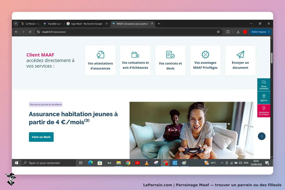Maaf : page d'accueil avec options de services et image de jeunes jouant à un jeu vidéo