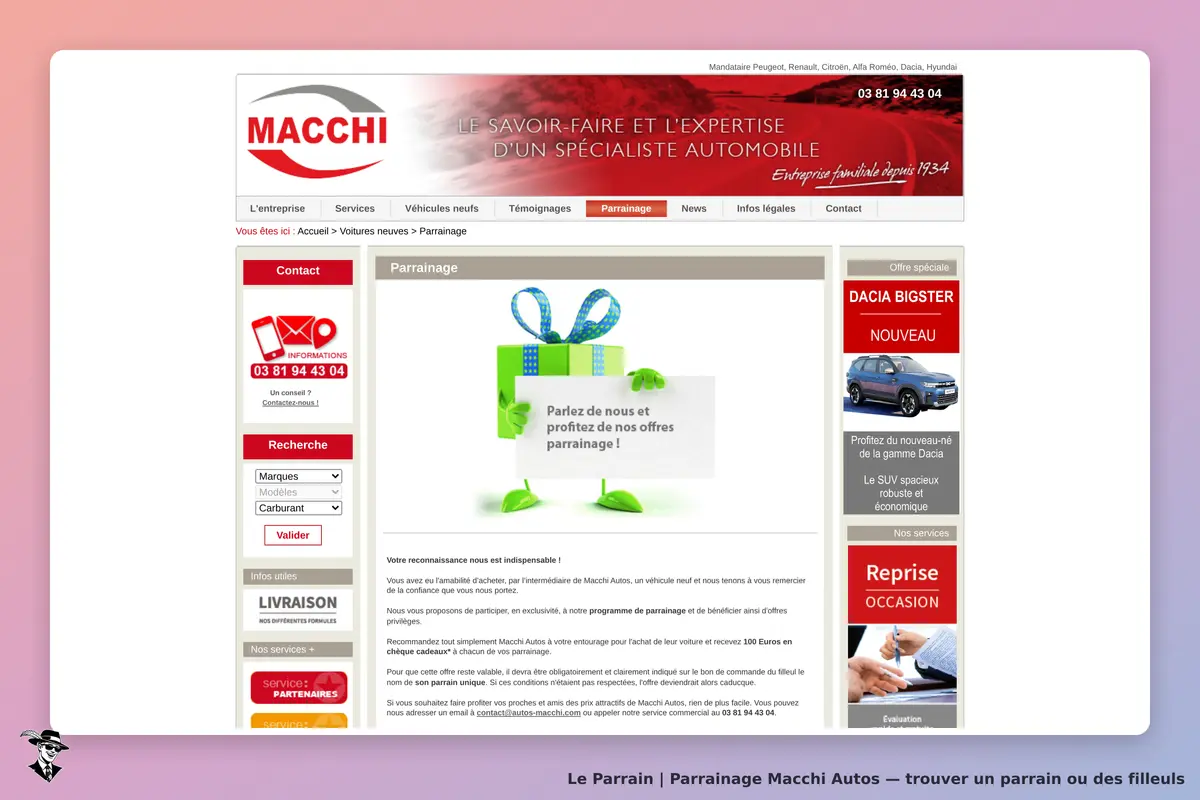 Macchi Autos : macchi : page de parrainage avec un visuel de cadeau et un message d'invitation à