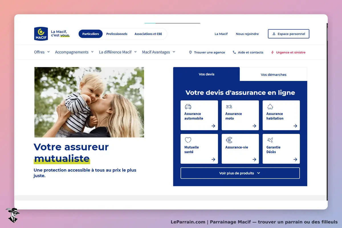 Macif : page d'accueil avec une image d'une mère et son enfant, et des options de devis d'assurance