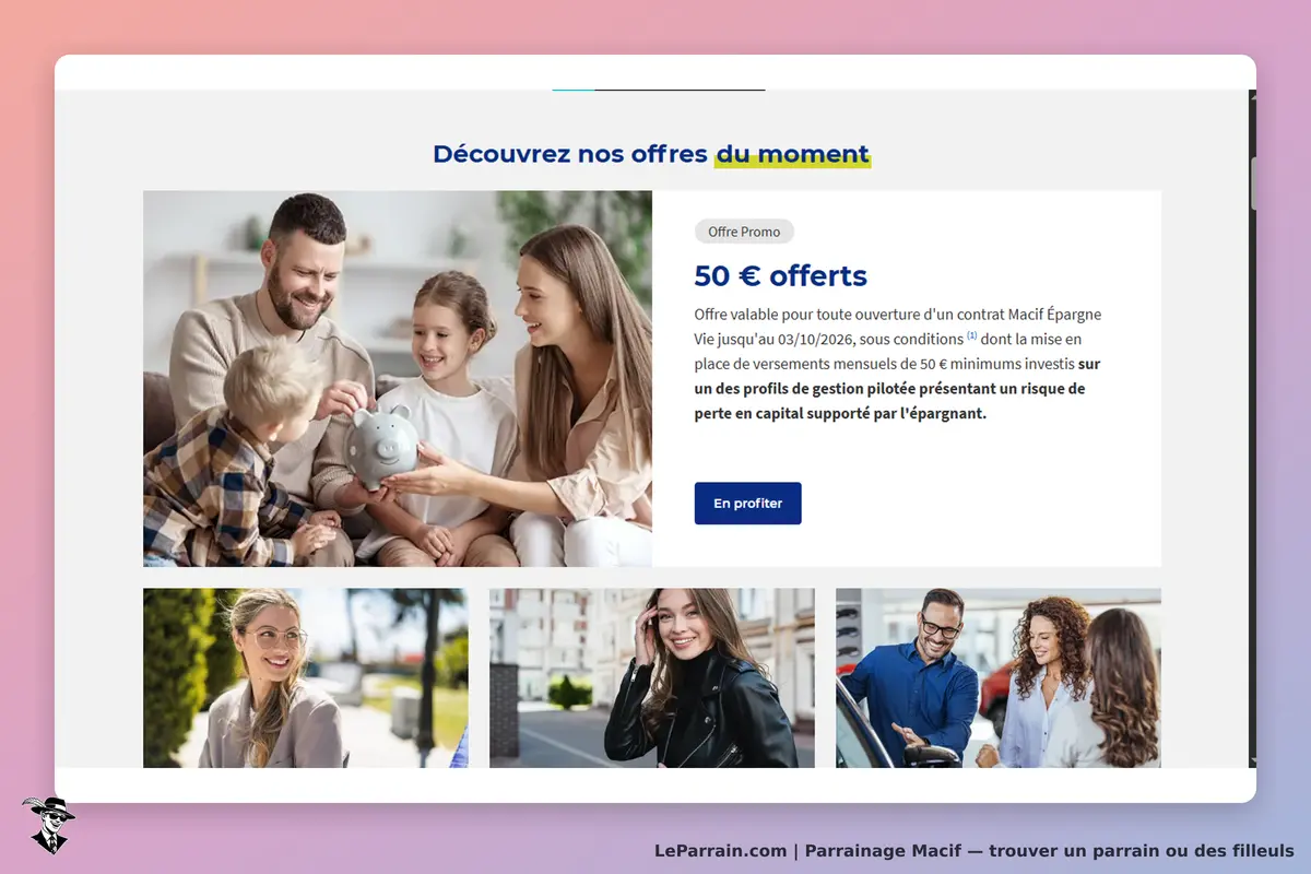 Macif : page d'accueil avec une famille et des images de personnes souriantes et un cochon tirelire