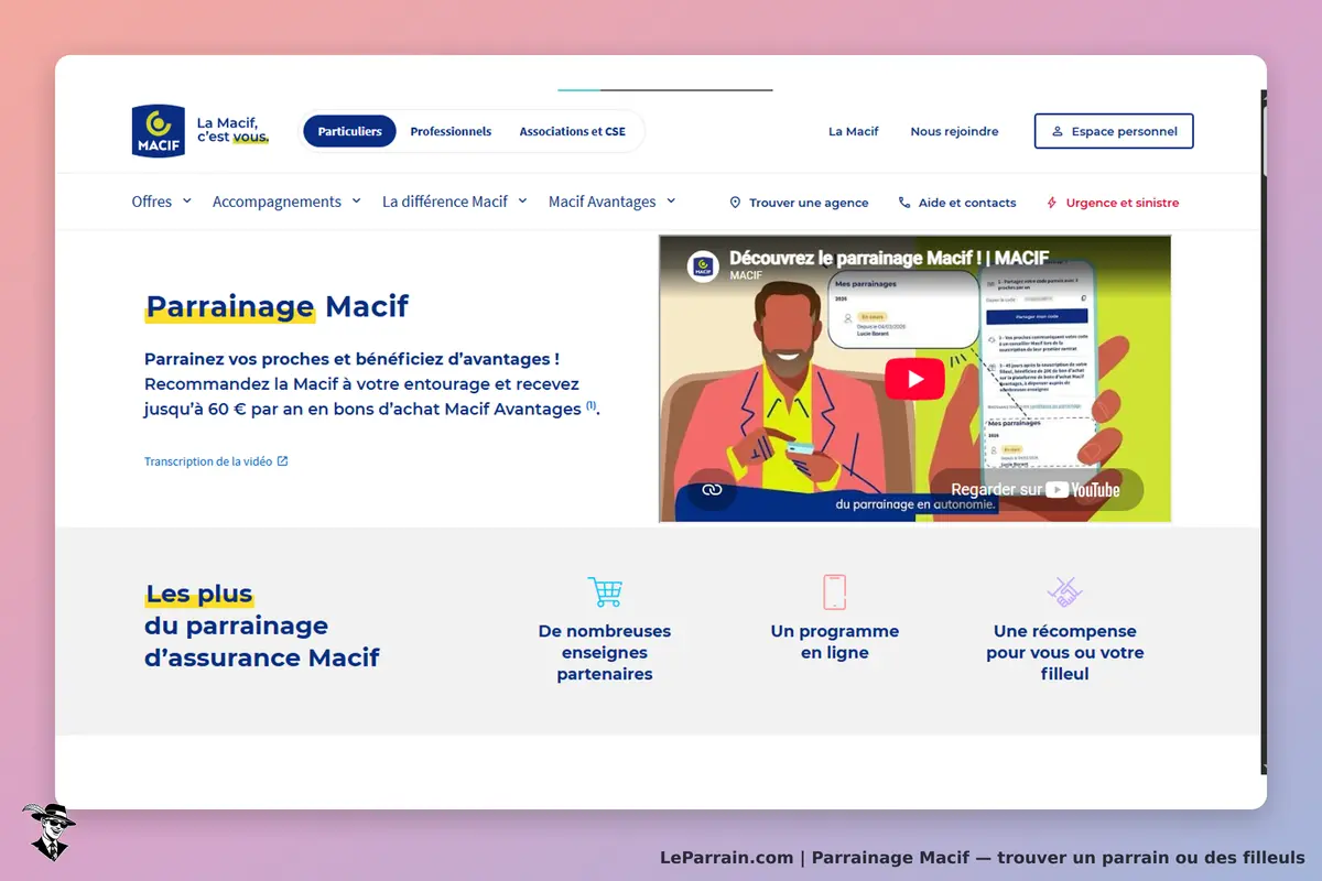 Macif : page d'accueil présentant le parrainage avec vidéo explicative et avantages associés