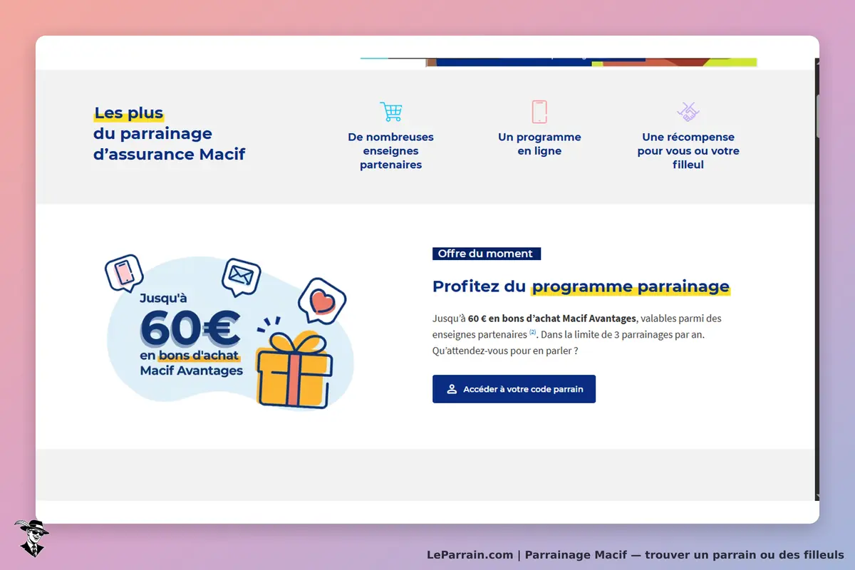 Macif : page d'accueil présentant le programme de parrainage et des avantages associés