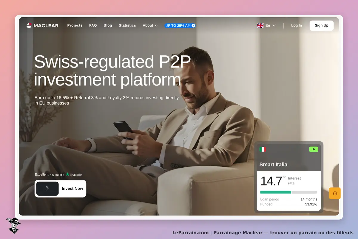Homme en costume utilisant une plateforme d'investissement P2P sur son smartphone.