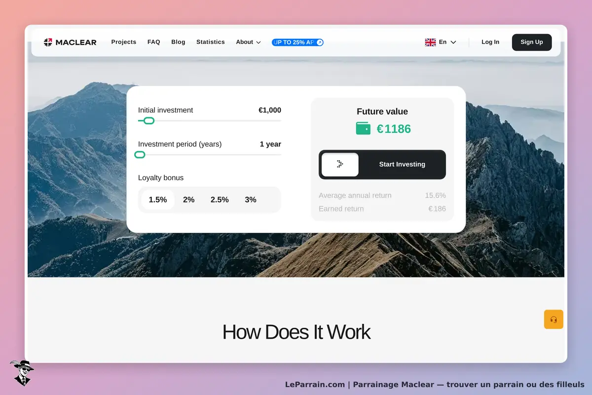 Interface de Maclear montrant un simulateur d'investissement et des options de rendement.