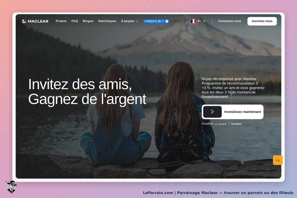 Page d'accueil Maclear sur le parrainage et les gains financiers.
