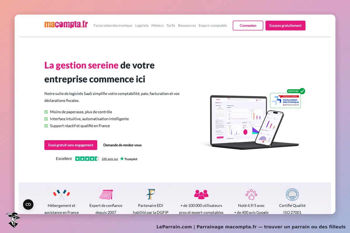 macompta.fr : page d'accueil présentant des logiciels de gestion avec visuels d'interface