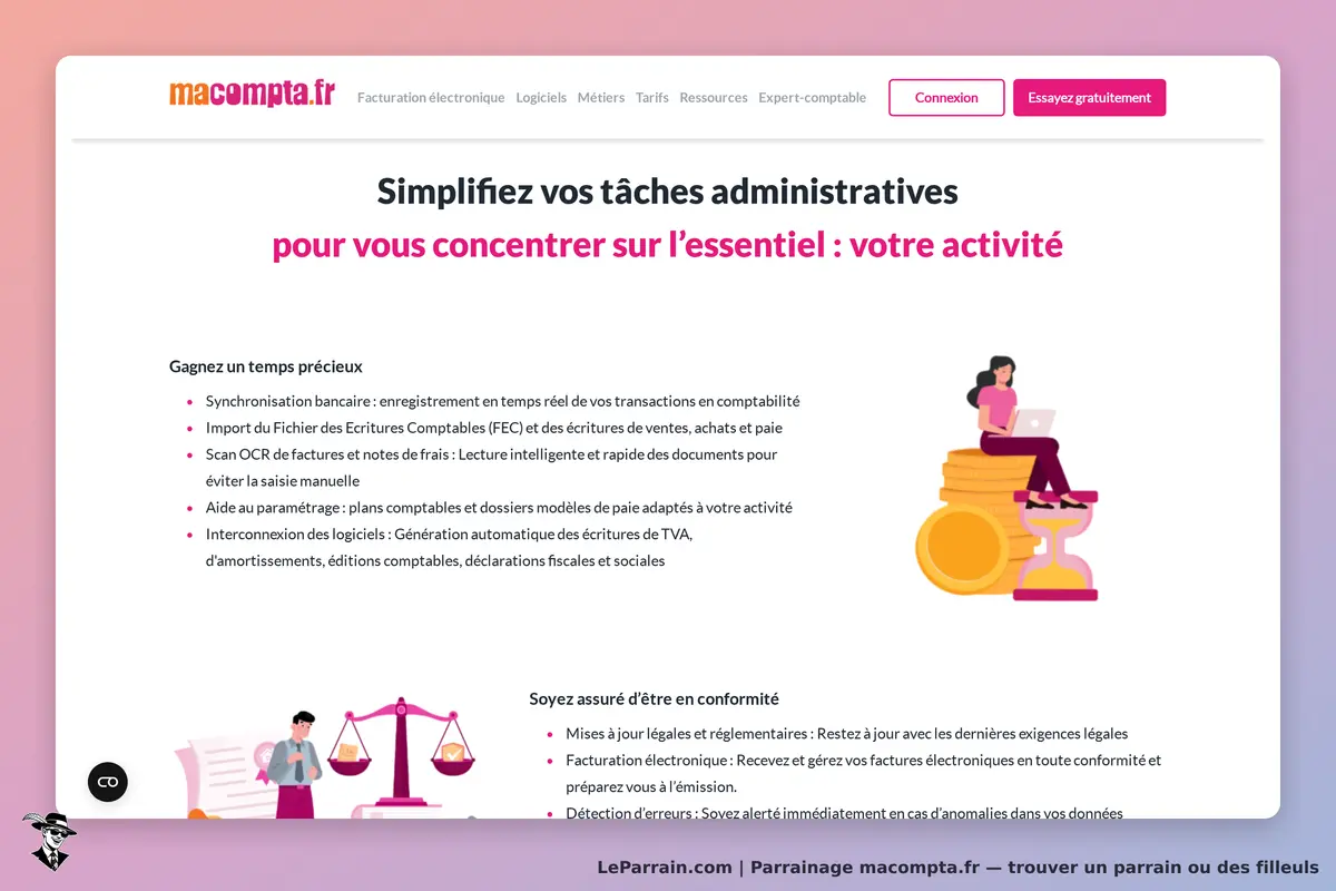 macompta.fr : page d'accueil présentant des solutions pour simplifier les tâches administratives