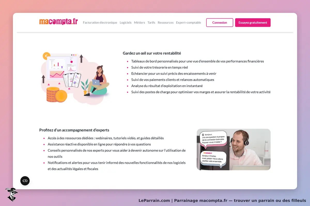 macompta.fr : page d'accueil présentant des fonctionnalités et un accompagnement d'experts