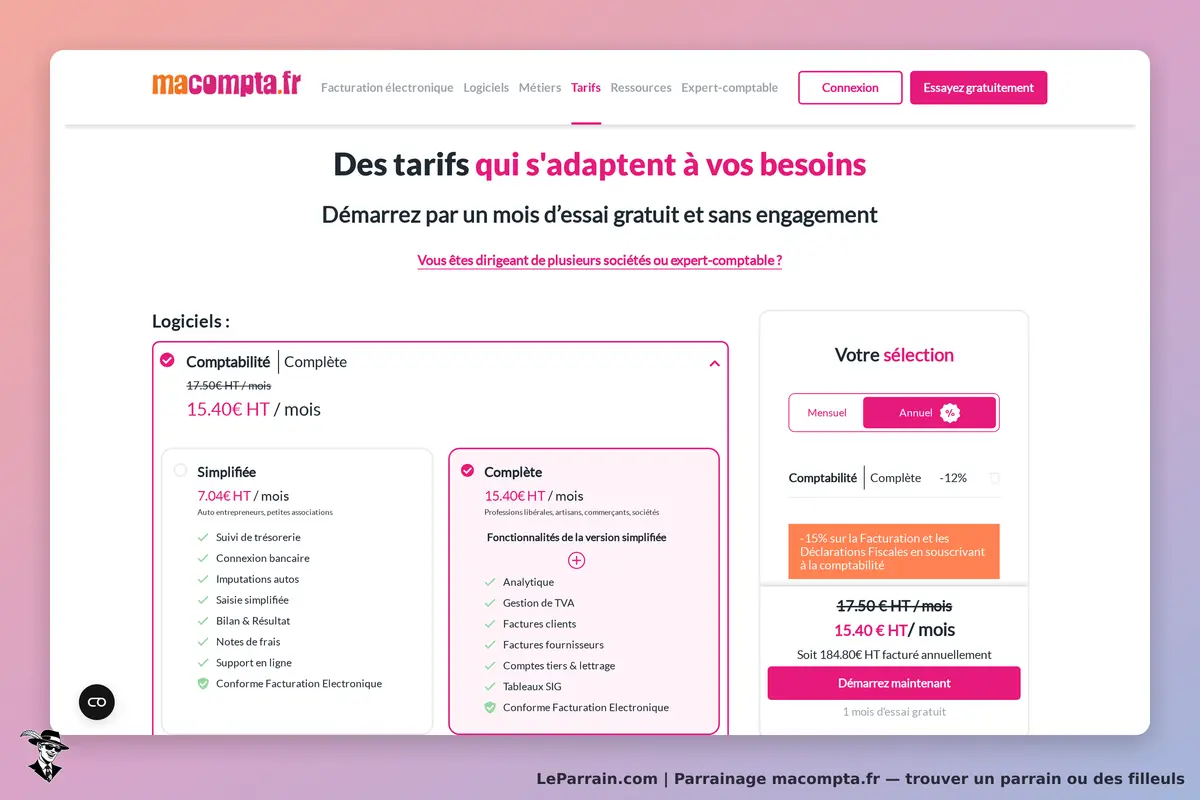 macompta.fr : page des tarifs avec options de logiciels de comptabilité et un essai gratuit