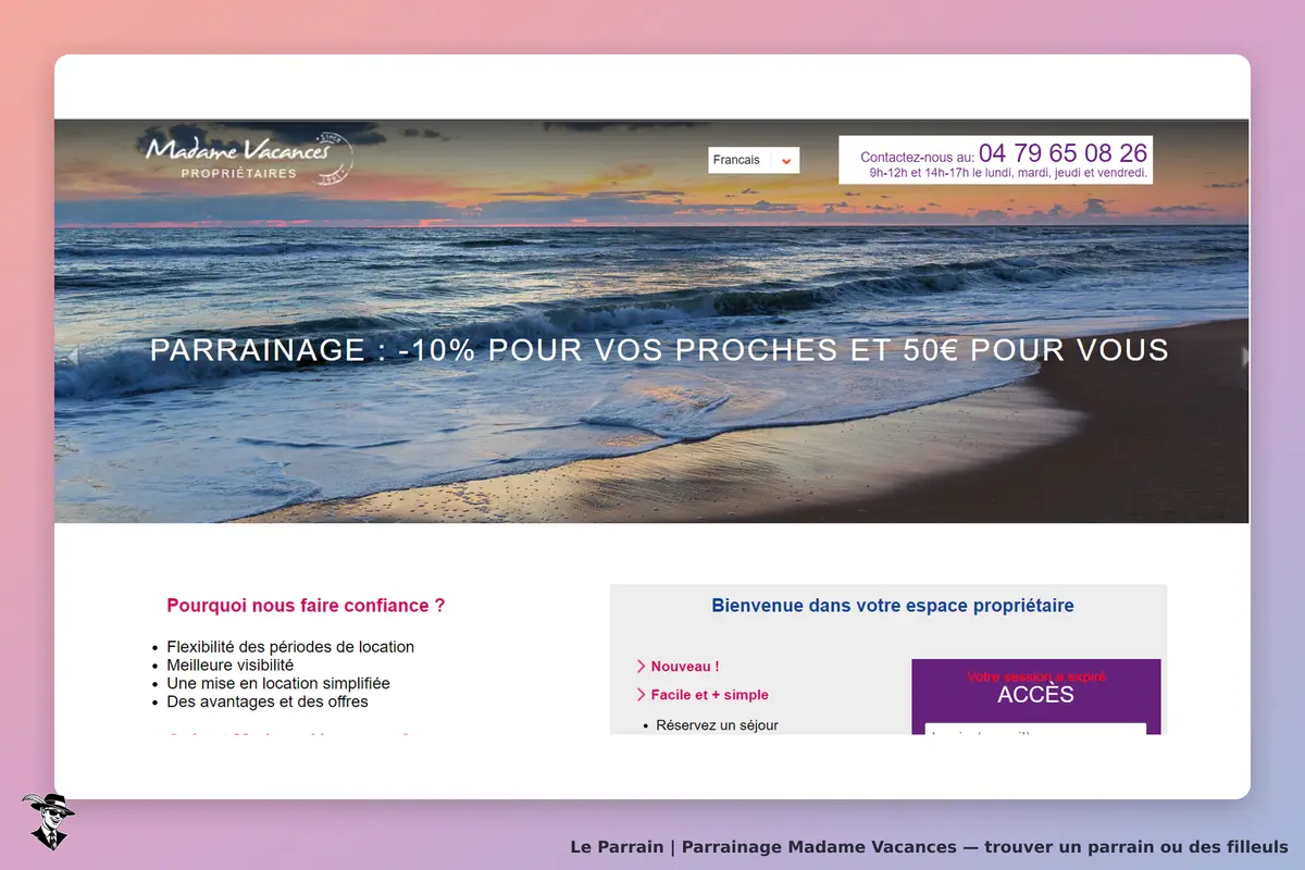 Madame Vacances : page d'accueil avec une image de plage et des informations sur le parrainage