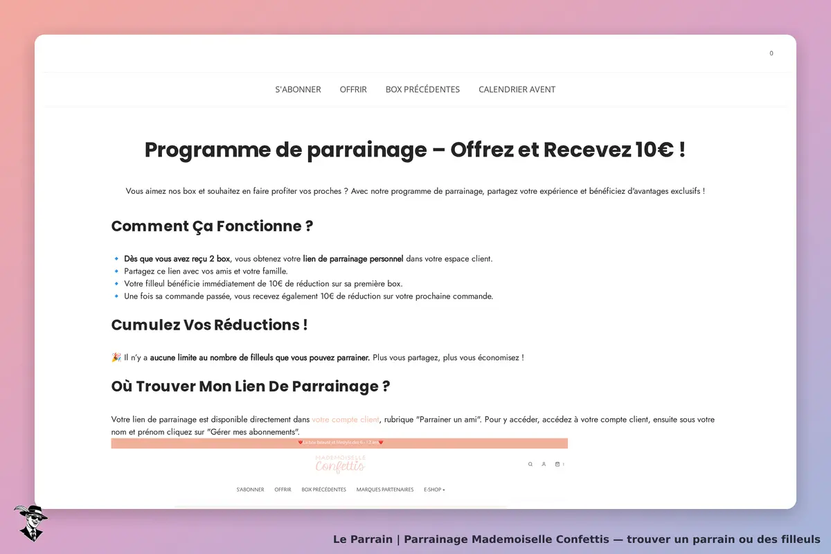 Mademoiselle Confettis : page sur le programme de parrainage avec explications et lien personnel