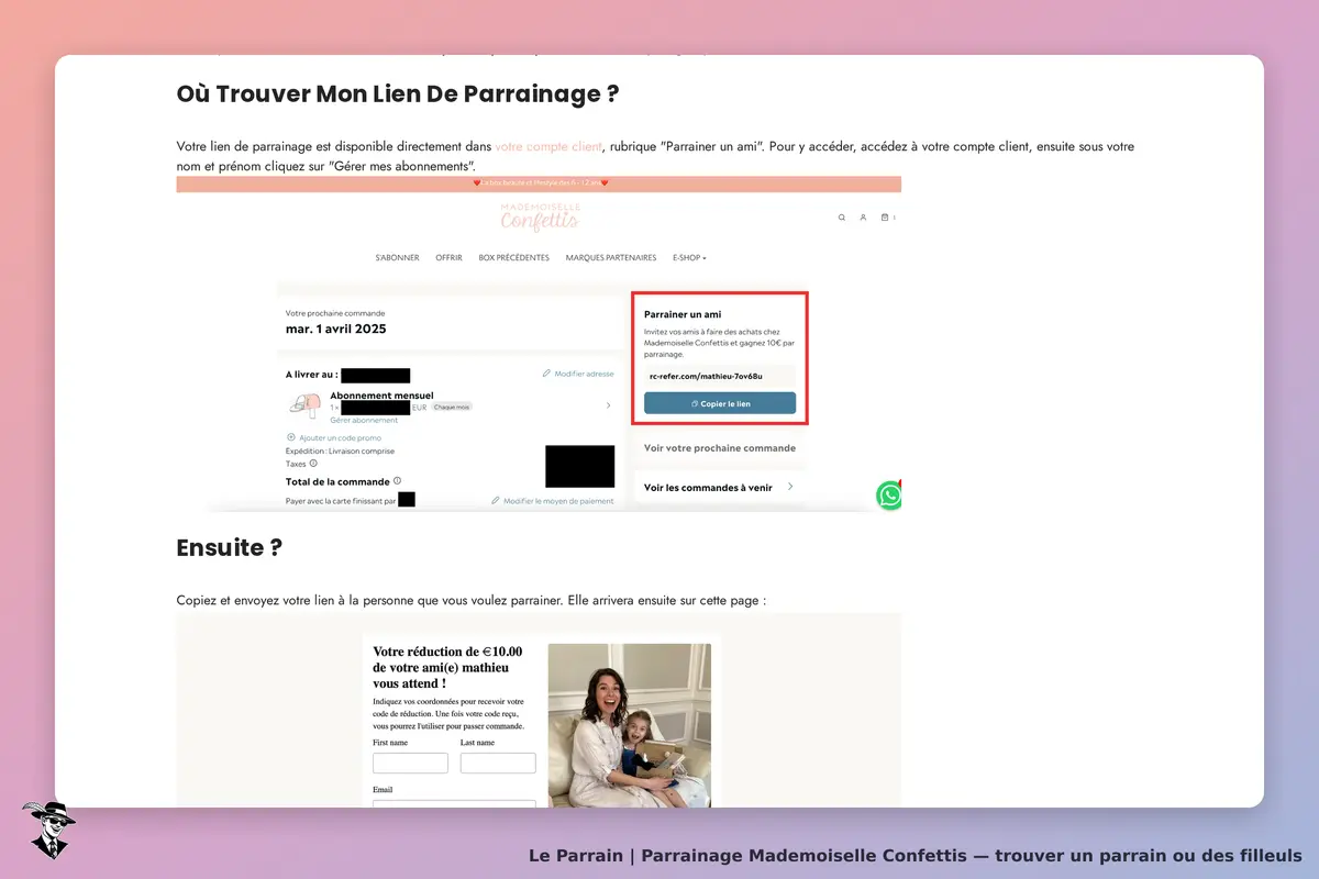 Mademoiselle Confettis : section parrainage avec lien et formulaire d'invitation à un ami