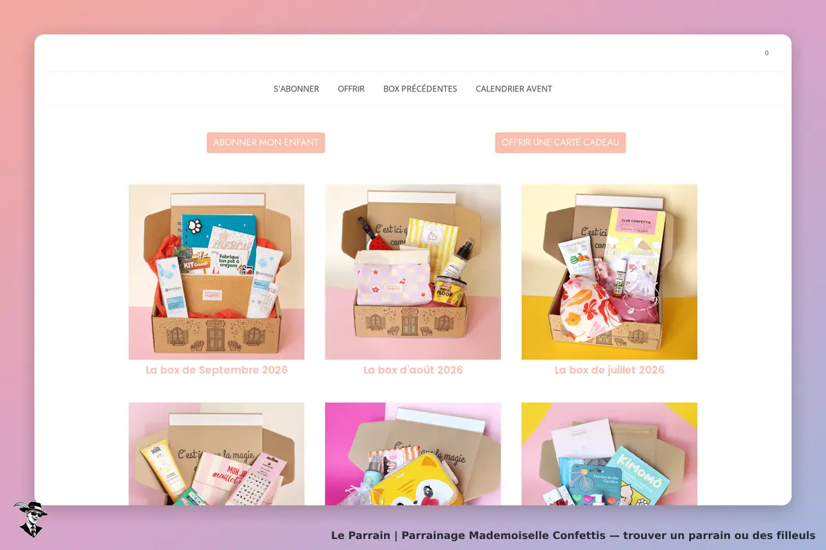Mademoiselle Confettis : plusieurs box ouvertes avec divers produits colorés sur fond pastel