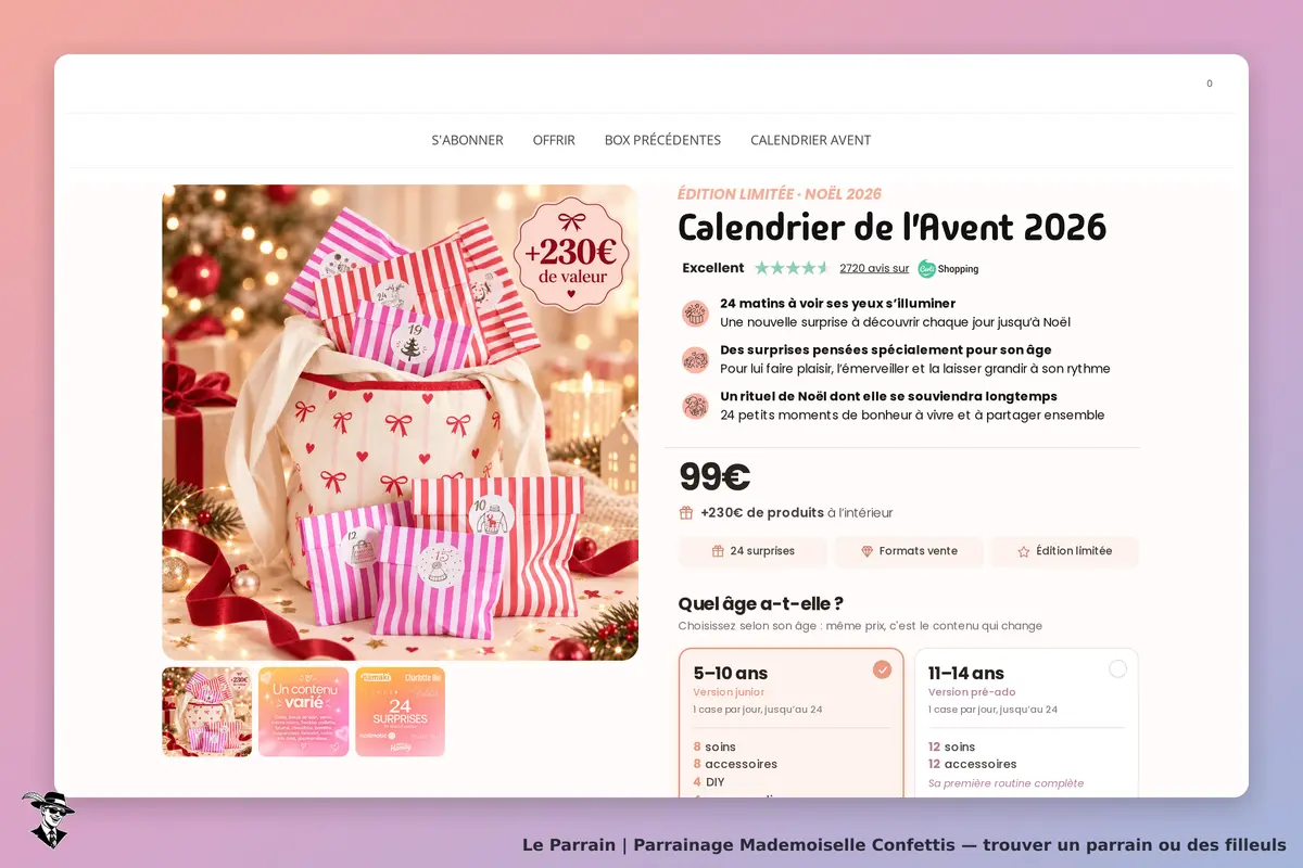 Mademoiselle Confettis : calendrier de l'Avent avec emballages colorés et description du produit