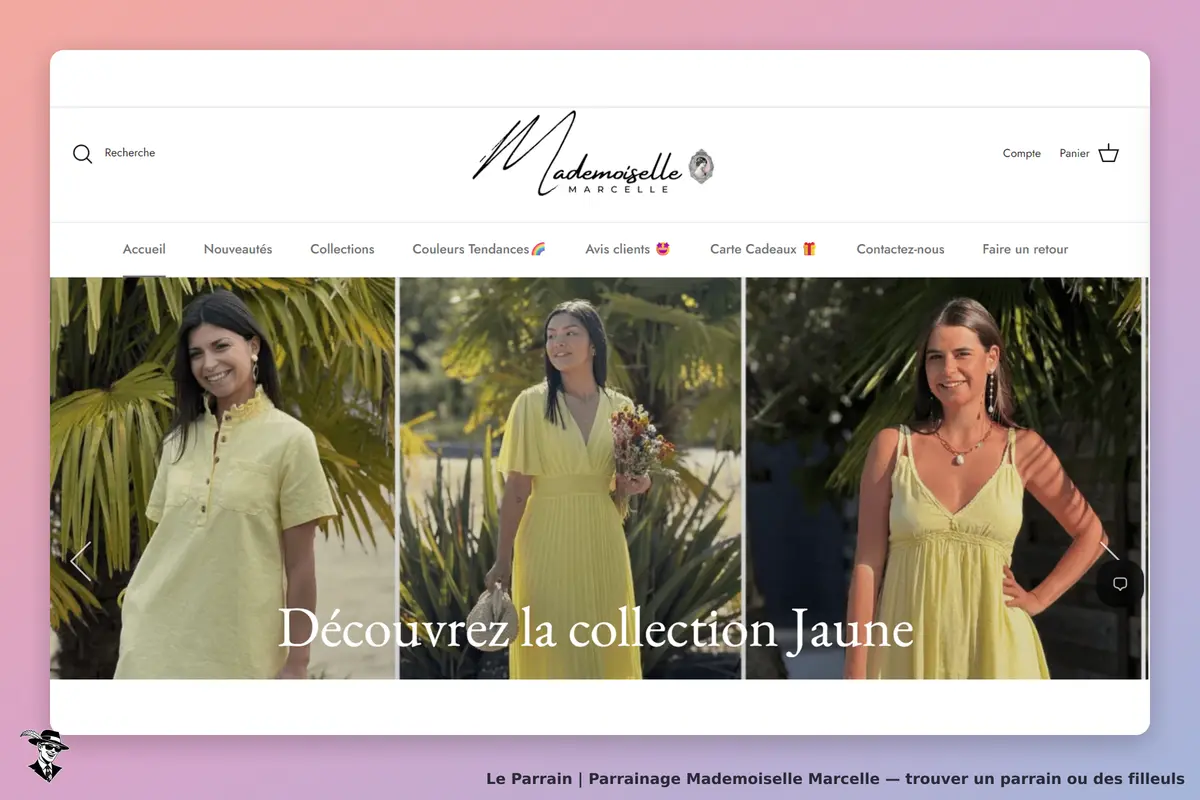 Mademoiselle Marcelle : trois modèles féminins en vêtements jaunes sur fond de plantes