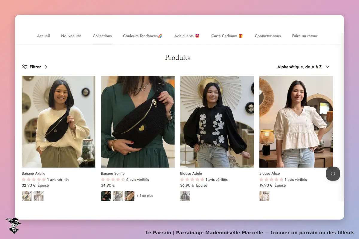 Mademoiselle Marcelle : page de produits avec plusieurs vêtements et modèles affichés