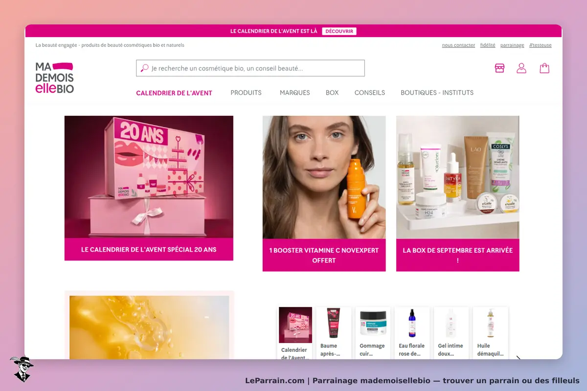 mademoisellebio : mademoiselle Bio : page d'accueil avec produits de beauté bio et calendrier de