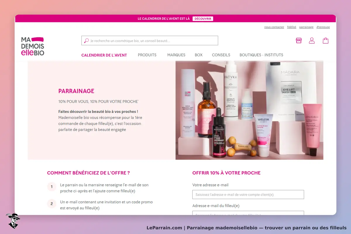 mademoisellebio : mademoiselle Bio : page de parrainage avec produits bio et formulaire