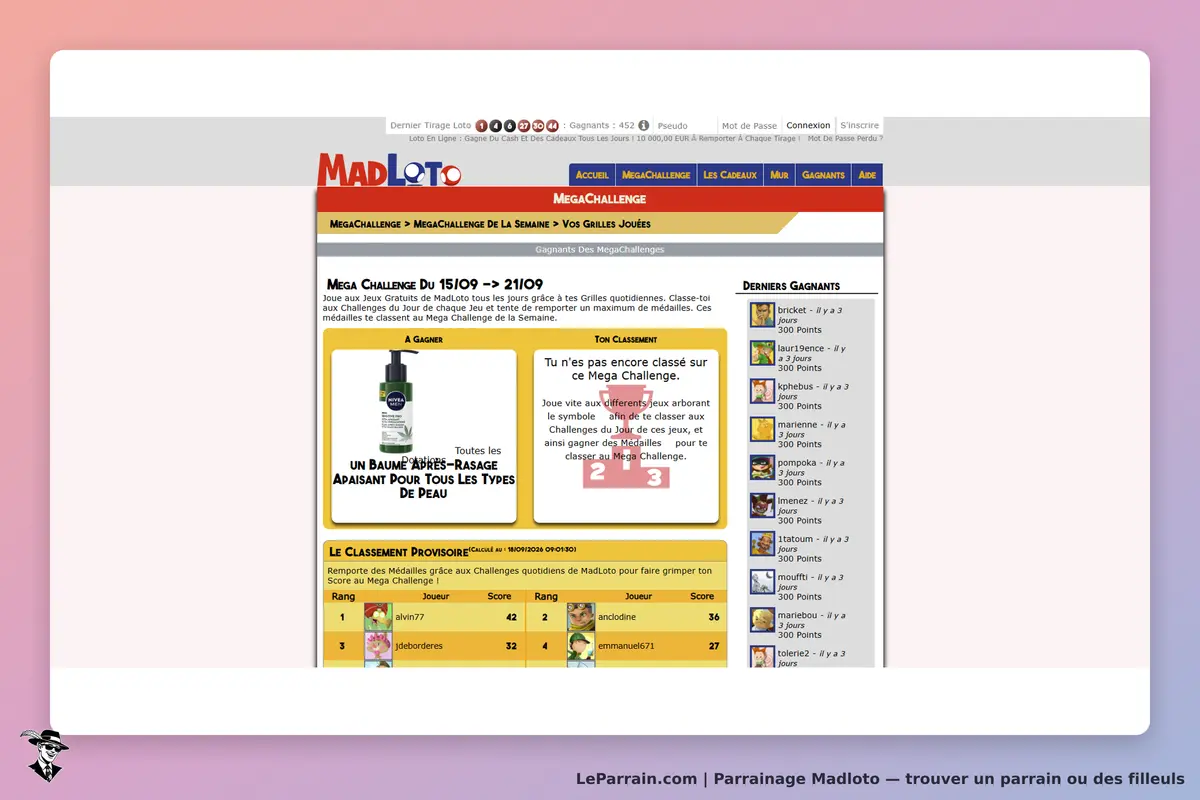 Madloto : page d'accueil avec un challenge, un produit et un classement des joueurs affichés