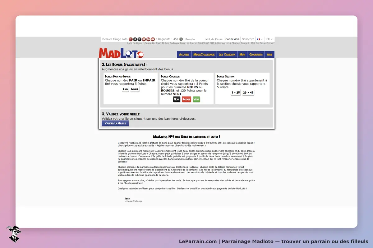 MadLoto : page d'accueil avec options de bonus et validation de grille pour le tirage