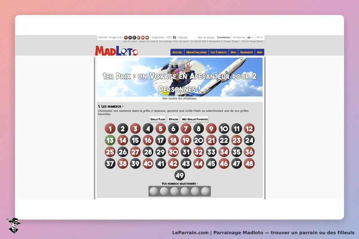 MadLoto : page d'accueil avec grille de numéros et visuel d'un voyage en apesanteur