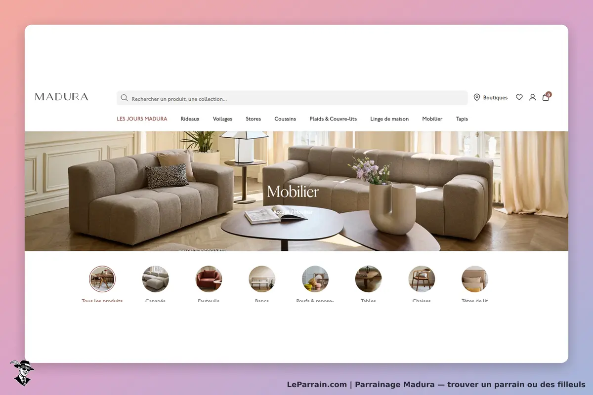 Madura : page d'accueil présentant des canapés et un mobilier élégant dans un intérieur lumineux