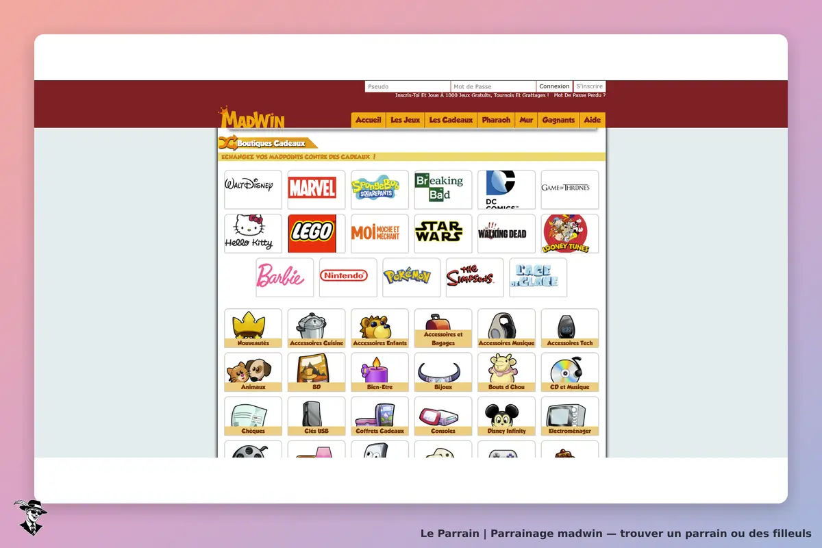 MadWin : page d'accueil avec des catégories de cadeaux et logos de marques populaires