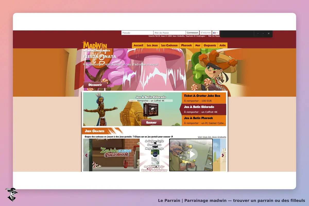 Madwin : page d'accueil avec jeux gratuits et animations colorées. Sections "Découvrir" et