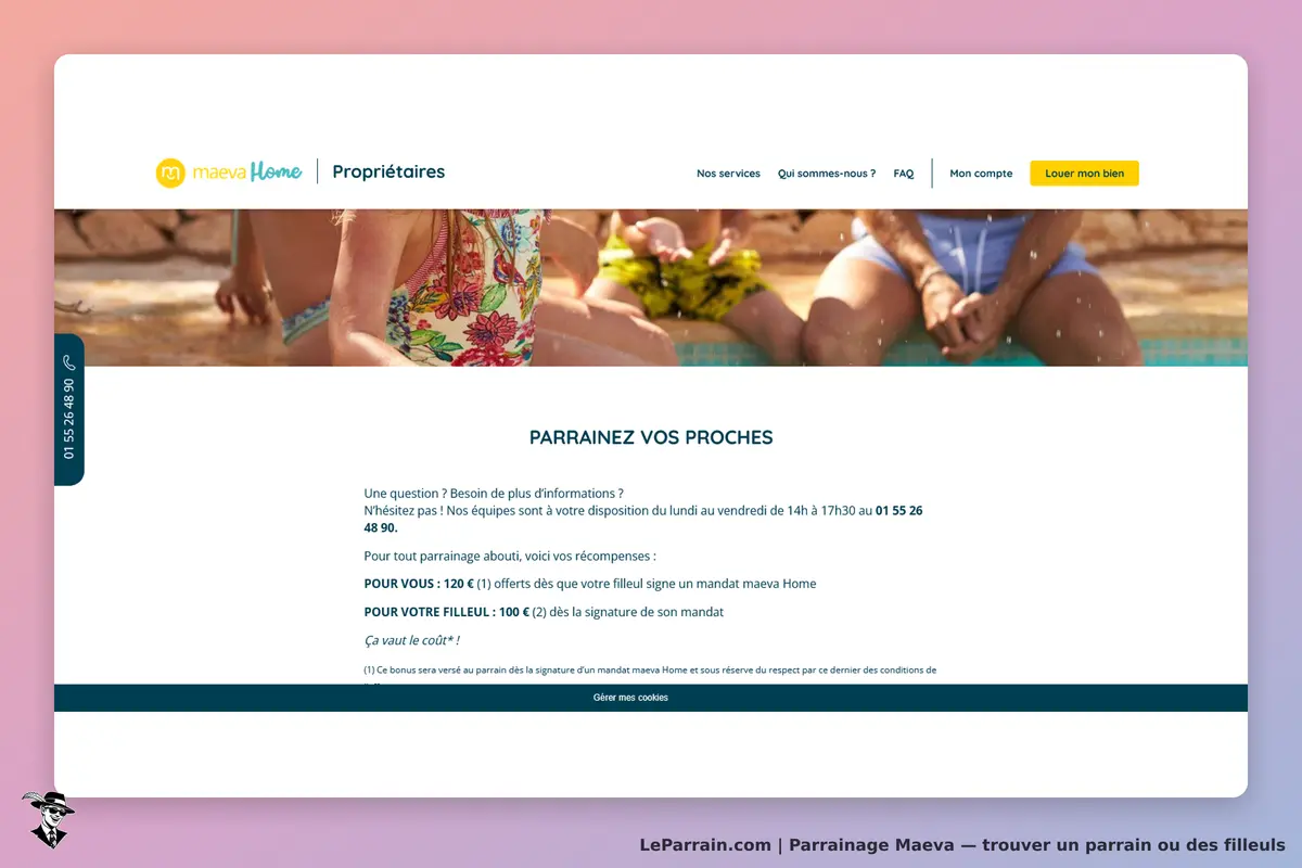 Maeva : page d'accueil avec un formulaire de parrainage et des images de personnes au bord d'une