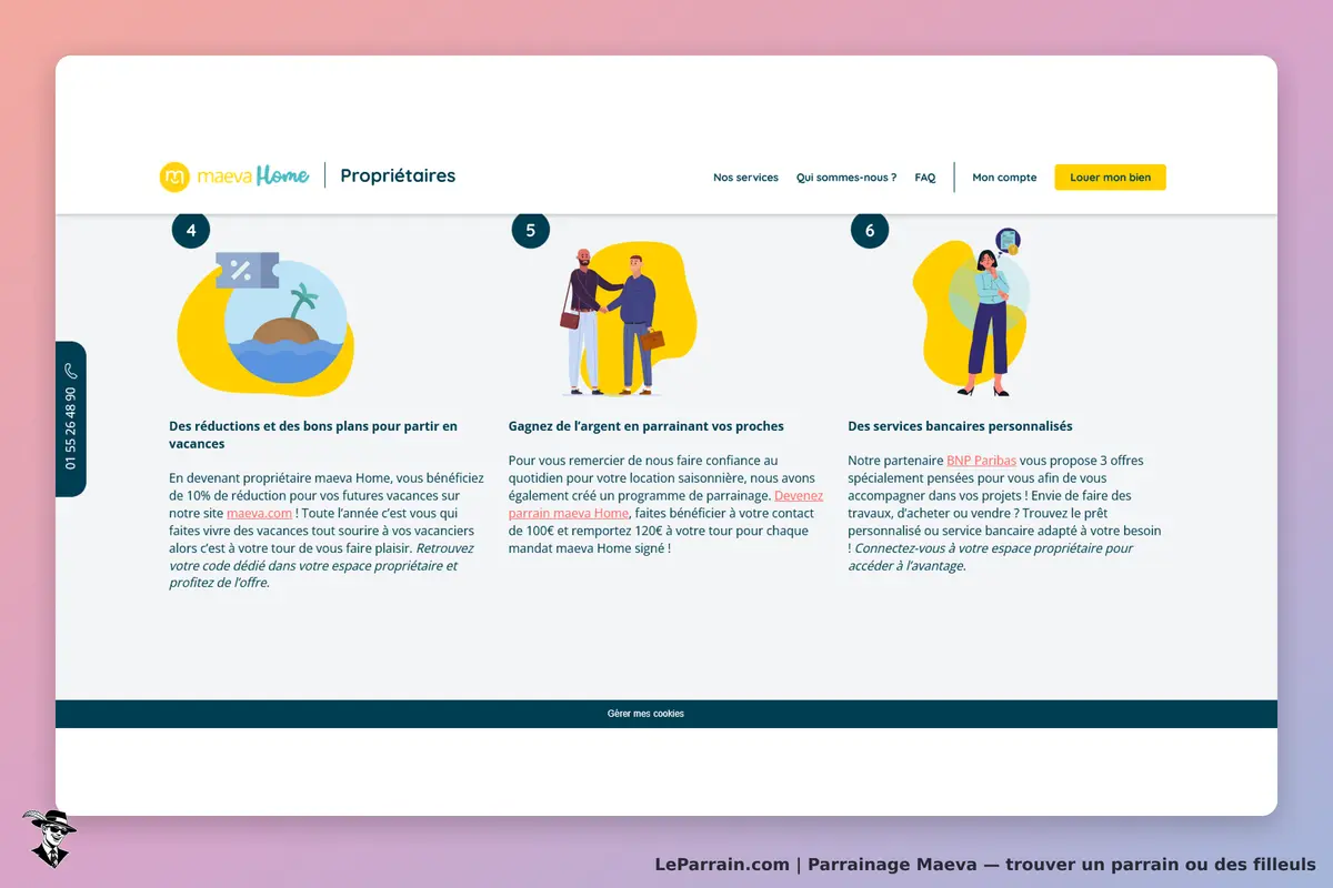 Maeva : page d'accueil avec sections sur avantages pour propriétaires et parrainage