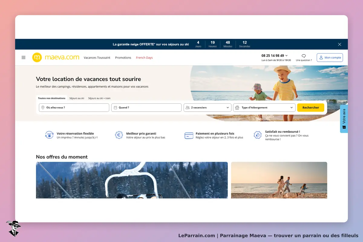Maeva : page d'accueil avec formulaire de recherche pour locations de vacances et images de