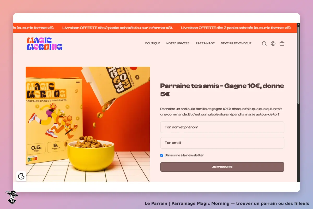 Magic Morning : page d'accueil avec boîte de céréales et formulaire de parrainage