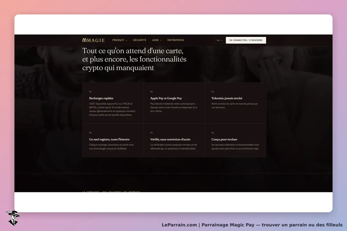 Magic Pay : fonctionnalités d'une carte crypto présentées sur la page d'accueil