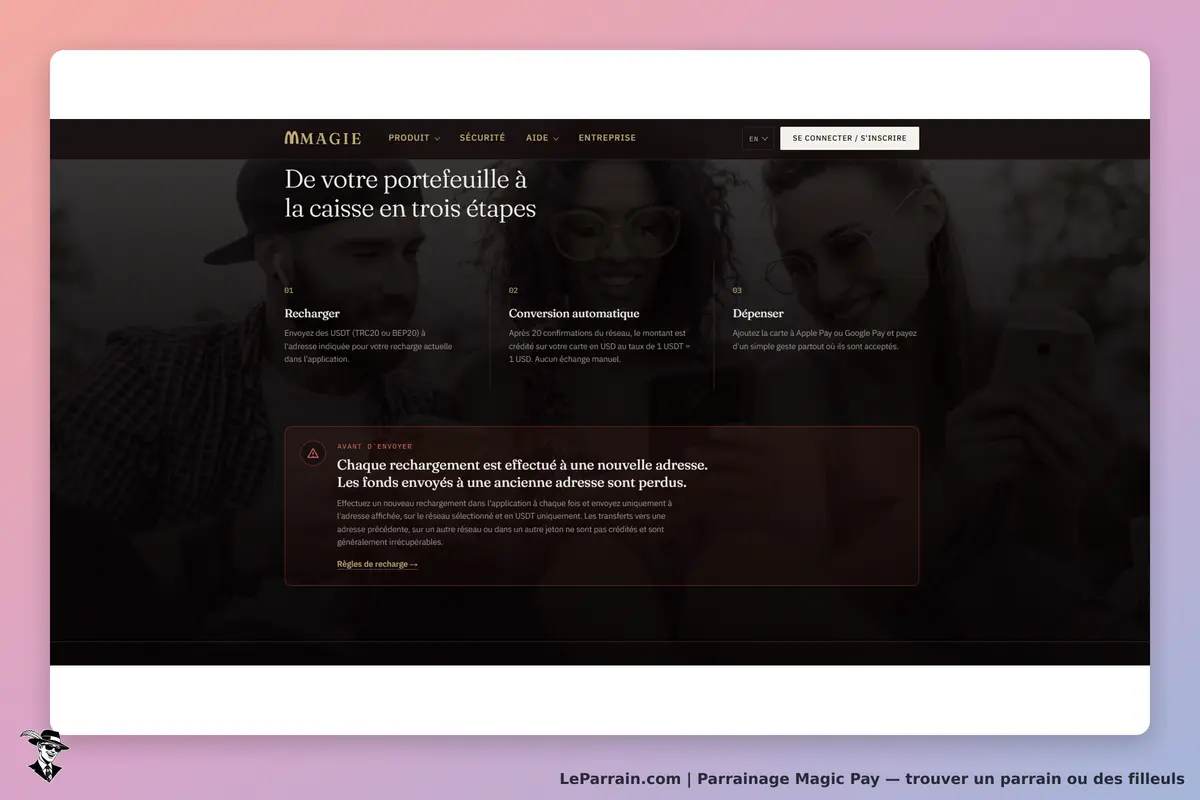 Magic Pay : page d'accueil avec étapes pour recharger et utiliser un portefeuille numérique