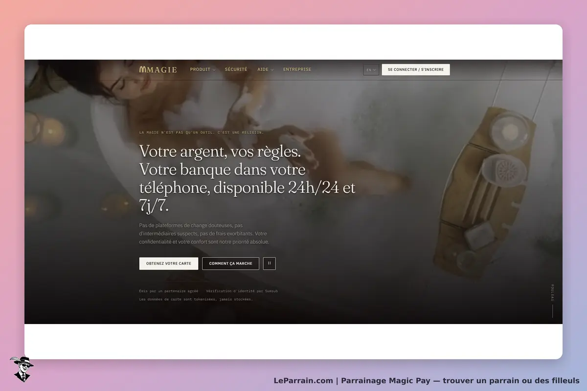 Magic Pay : page d'accueil présentant un service bancaire mobile disponible 24/7