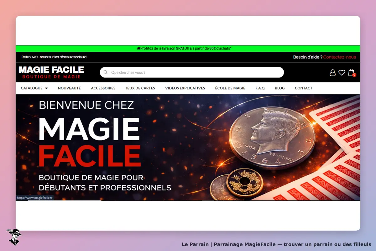 Page d’accueil de la boutique Magie Facile et présentation des tours de magie