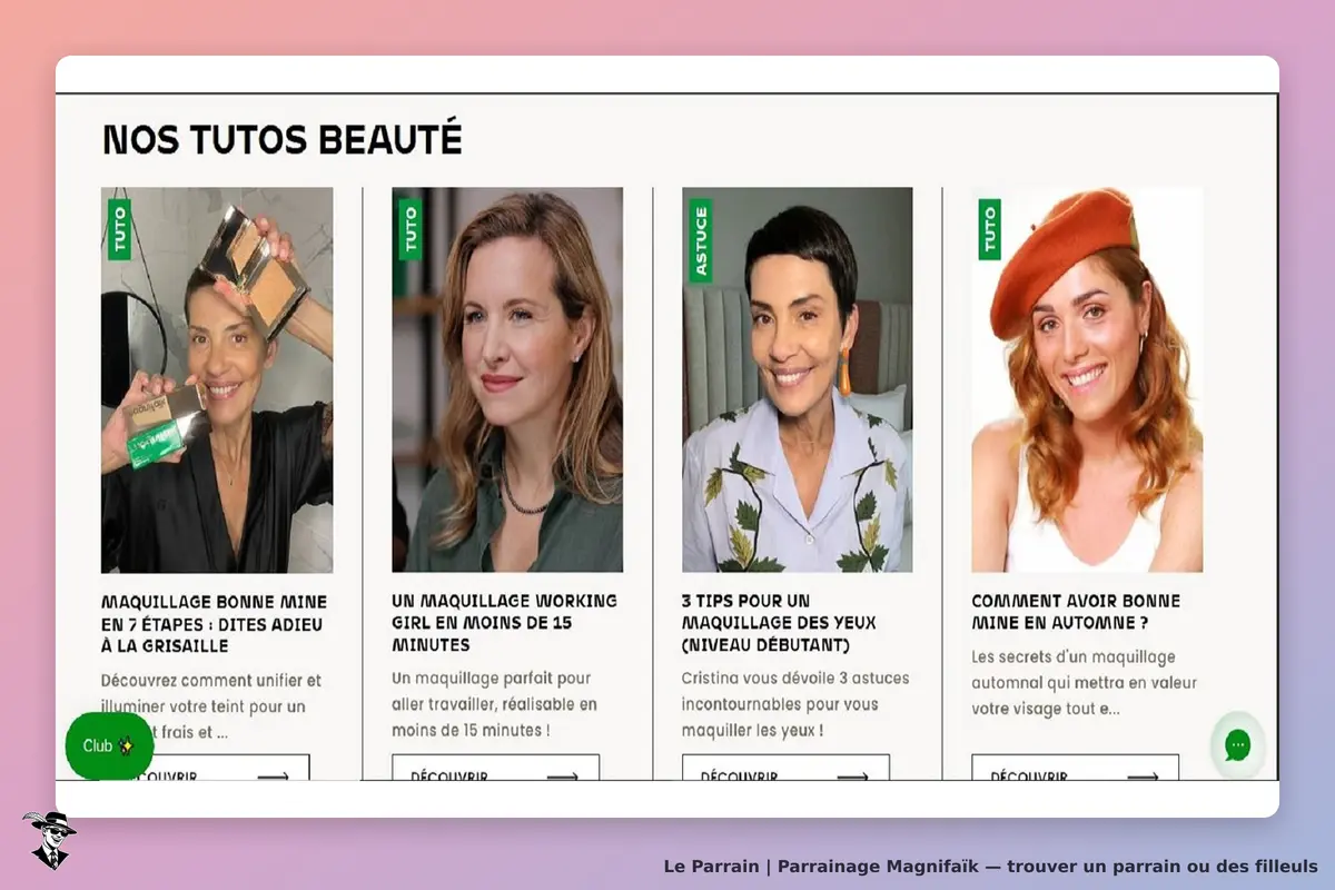 Magnifaïk : section "Nos tutos beauté" avec quatre tutoriels de maquillage affichés