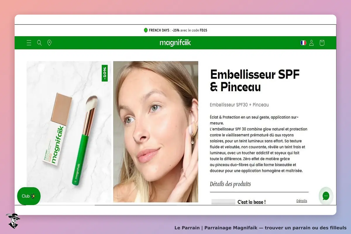 Magnifaïk : page produit avec un embelisseur SPF et un pinceau, modèle féminin en présentation