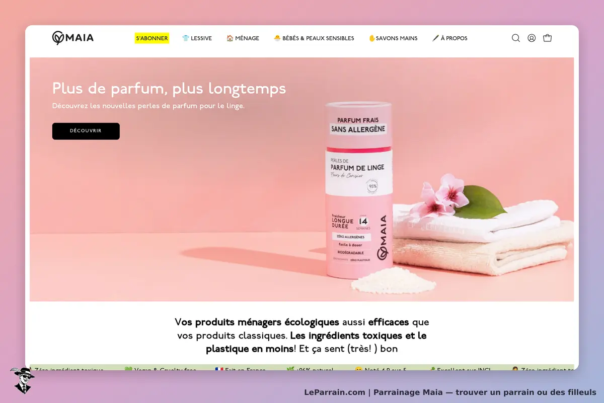 Maia : page d'accueil avec un produit parfumé pour le linge et des serviettes blanches