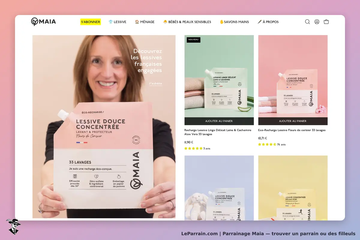 Maia : page d'accueil avec produits de lessive et une personne tenant un emballage