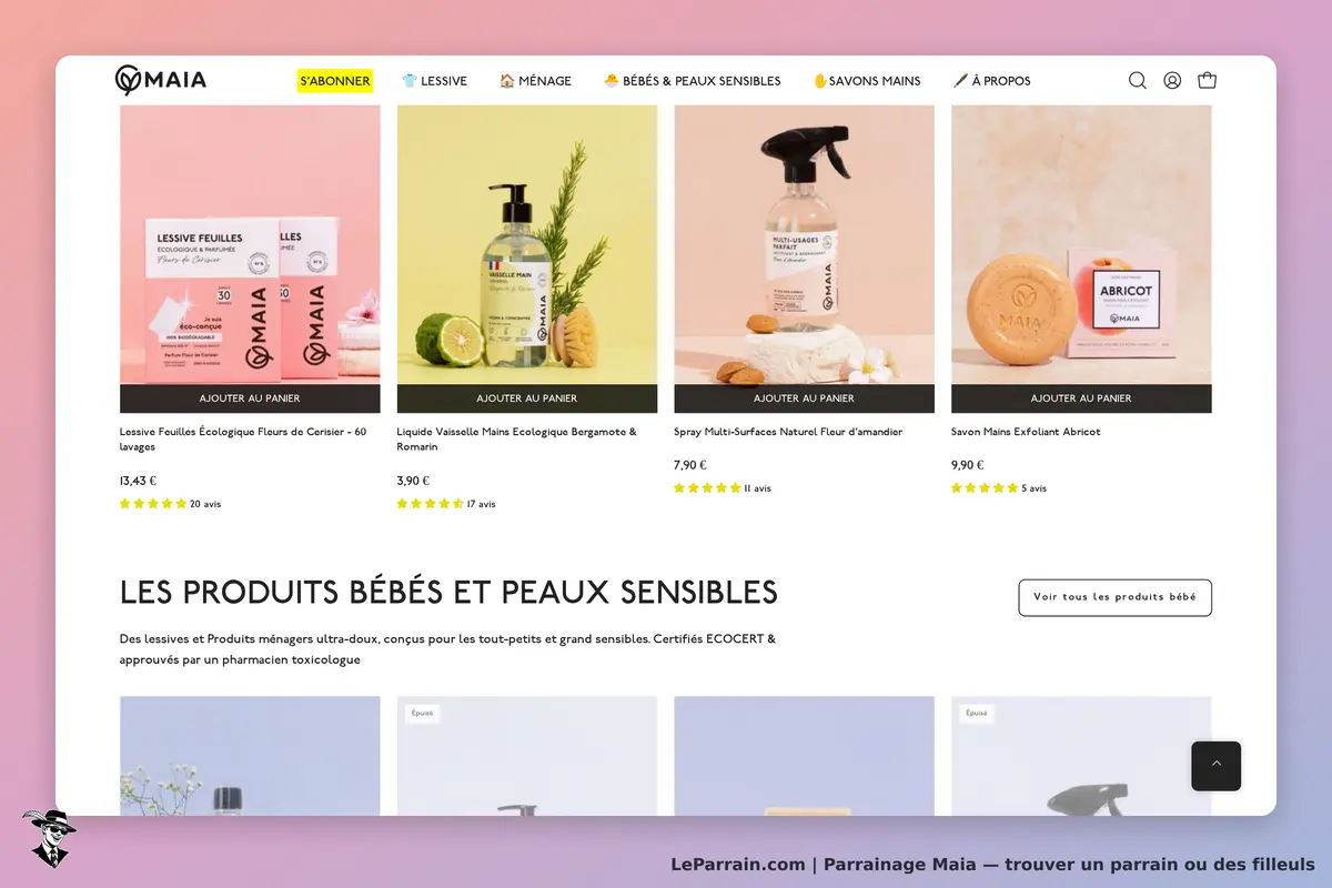 Maia : page d'accueil avec divers produits écologiques pour le ménage et les bébés