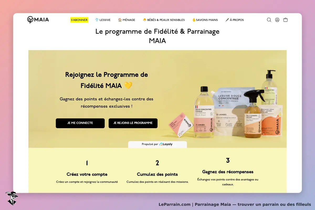 MAIA : page d'accueil du programme de fidélité avec produits et options d'inscription