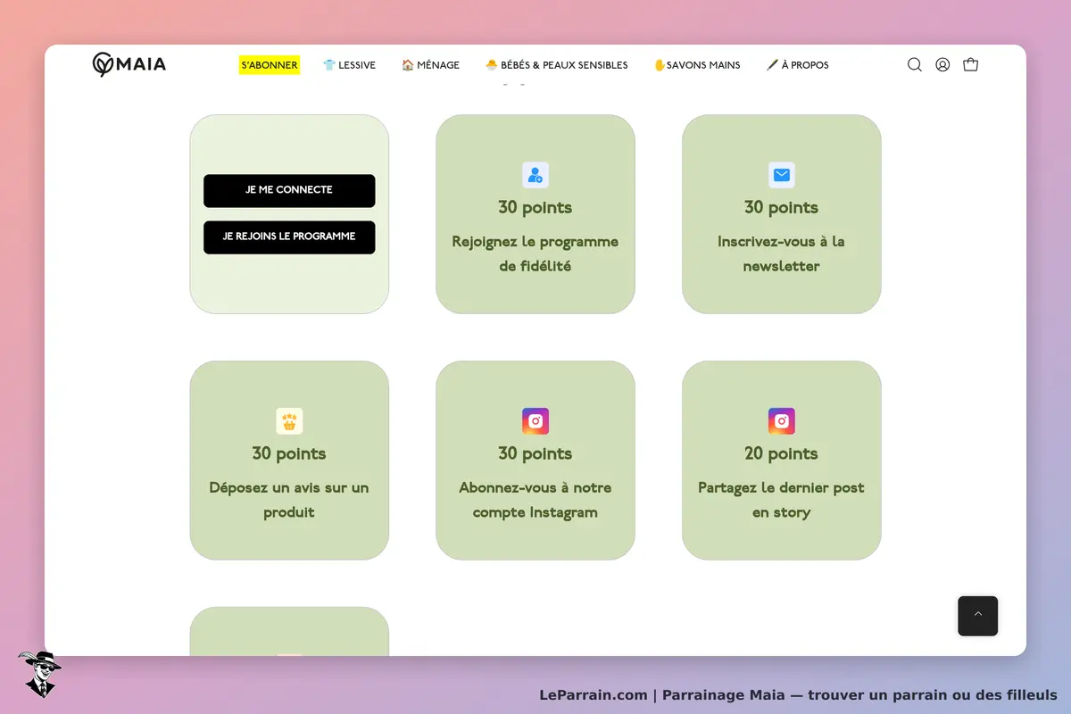 Maia : vue du bas de la page avec options de connexion et activités pour gagner des points