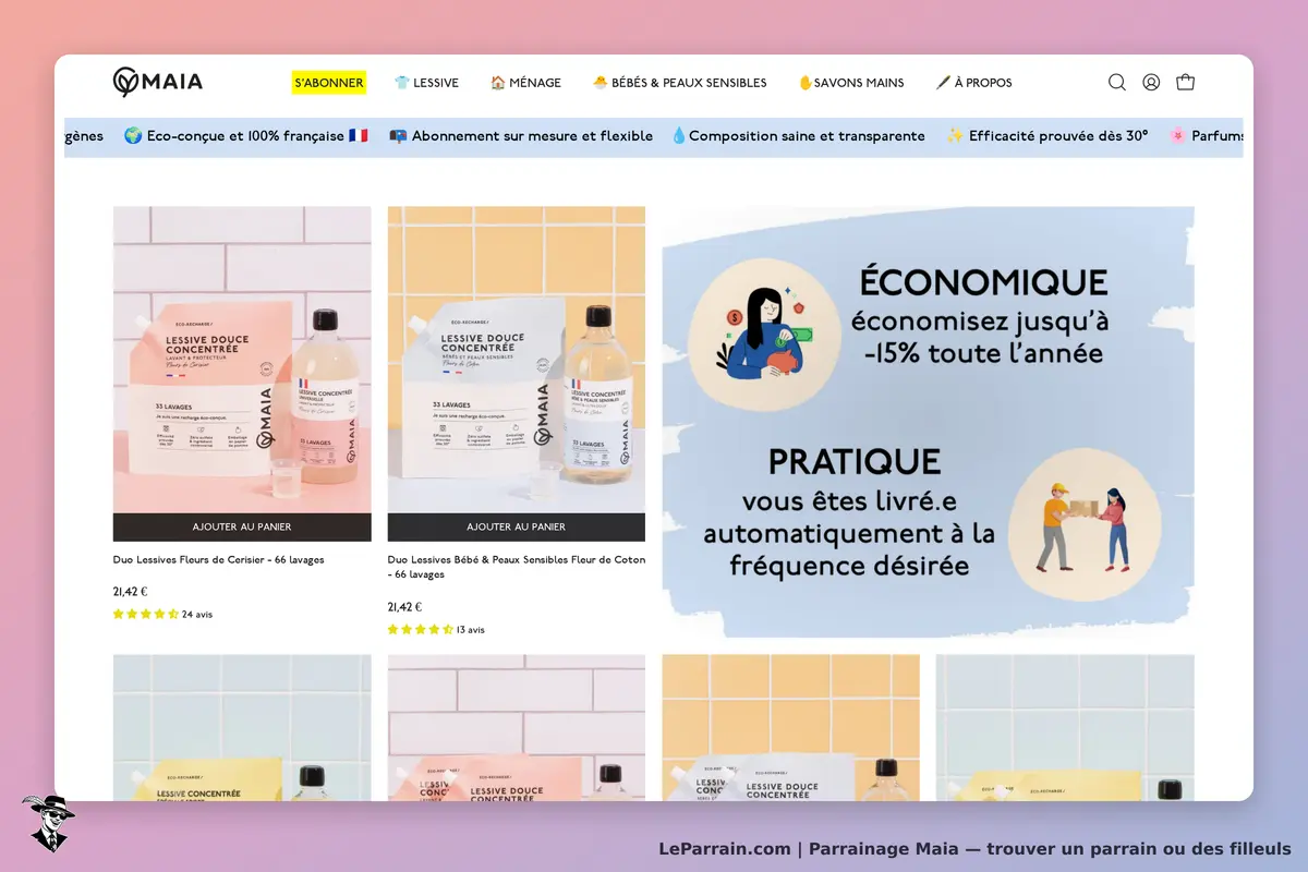 Maia : page d'accueil présentant des lessives et options d'abonnement avec illustrations