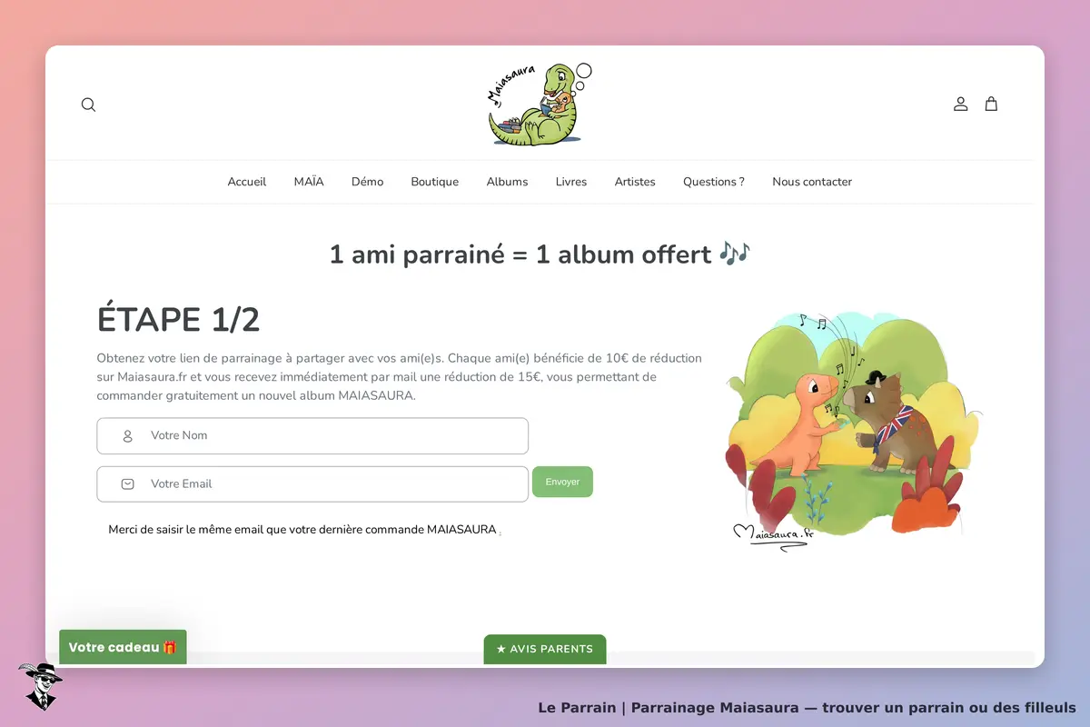 Maiasaura : page de parrainage avec formulaire pour nom et email, illustration de dinosaures