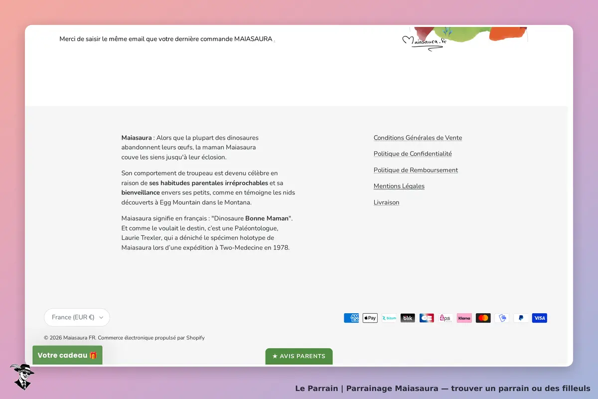 Maiasaura : description du dinosaure et informations sur le site, options de paiement en bas