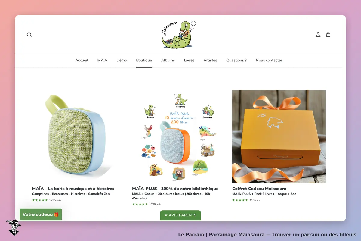 Maiasaura : page de la boutique avec des produits audio et un coffret cadeau
